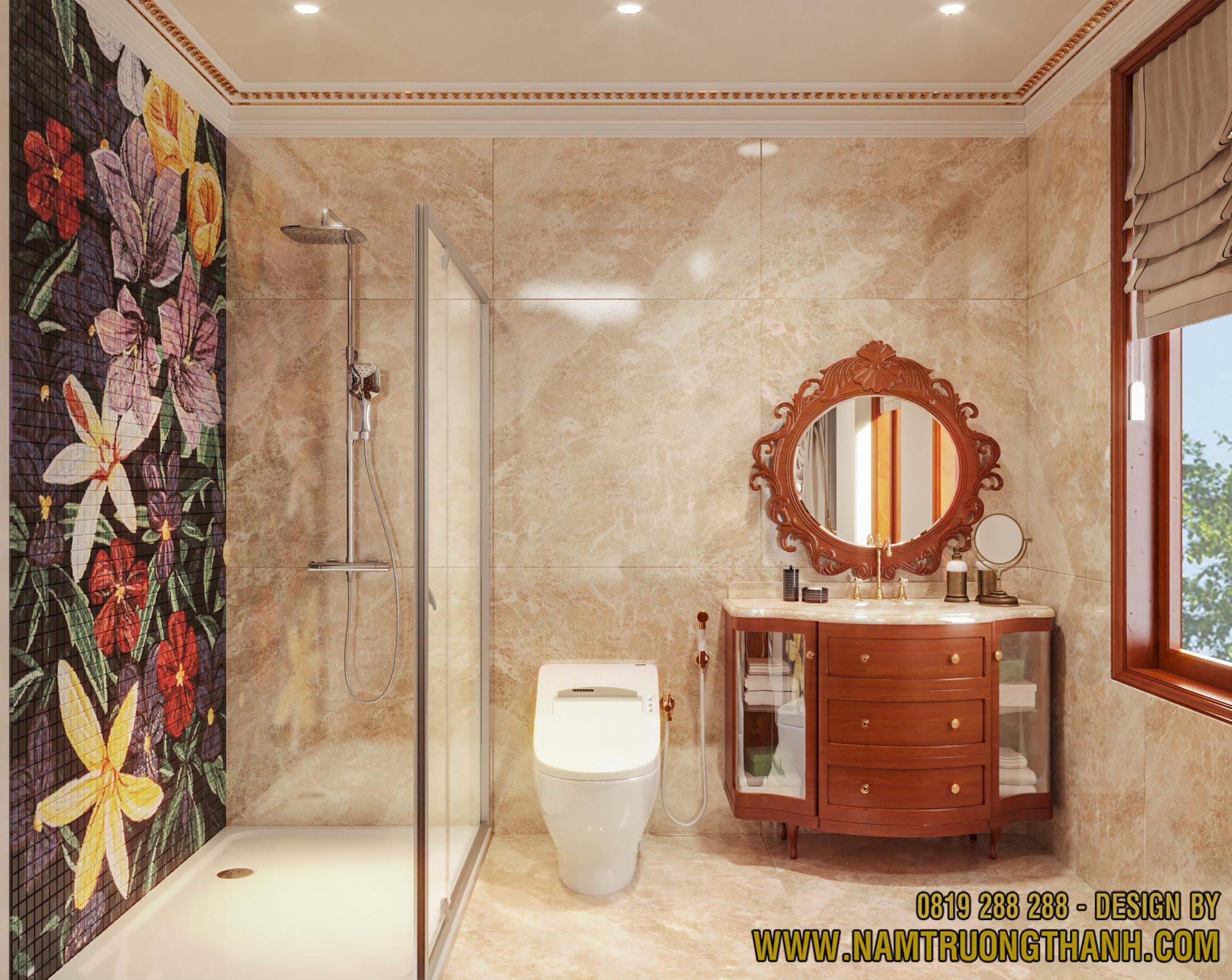 Phòng tắm ốp đá marble màu kem, khu tắm kính và lavabo gỗ chạm khắc sang trọng.