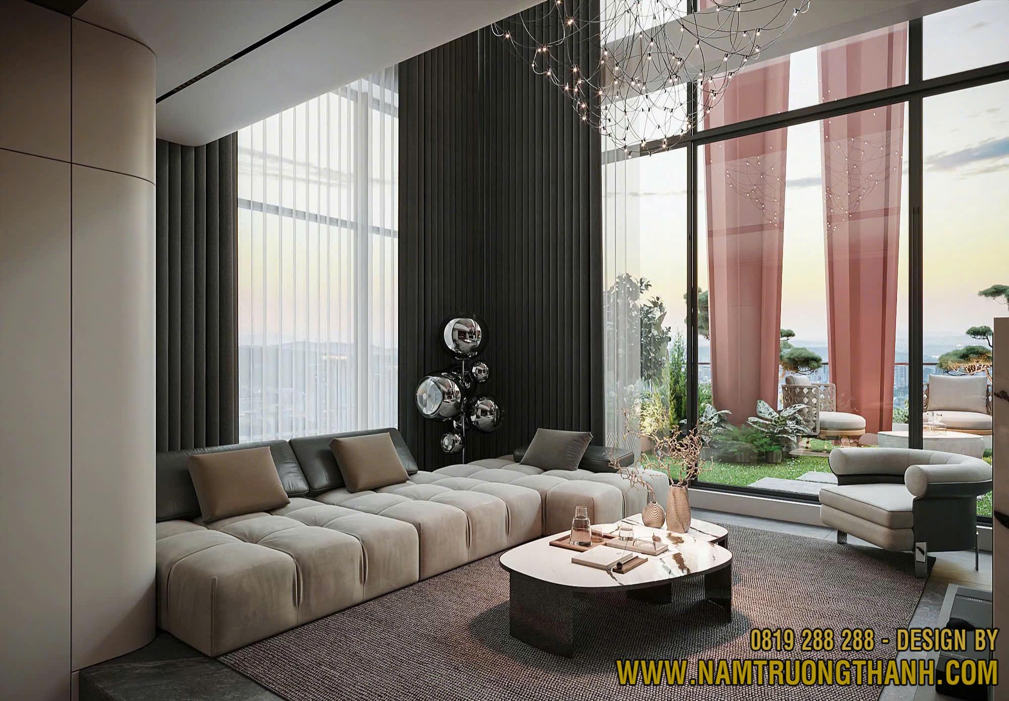 Phòng khách biệt thự hiện đại với trần cao và cửa kính lớn