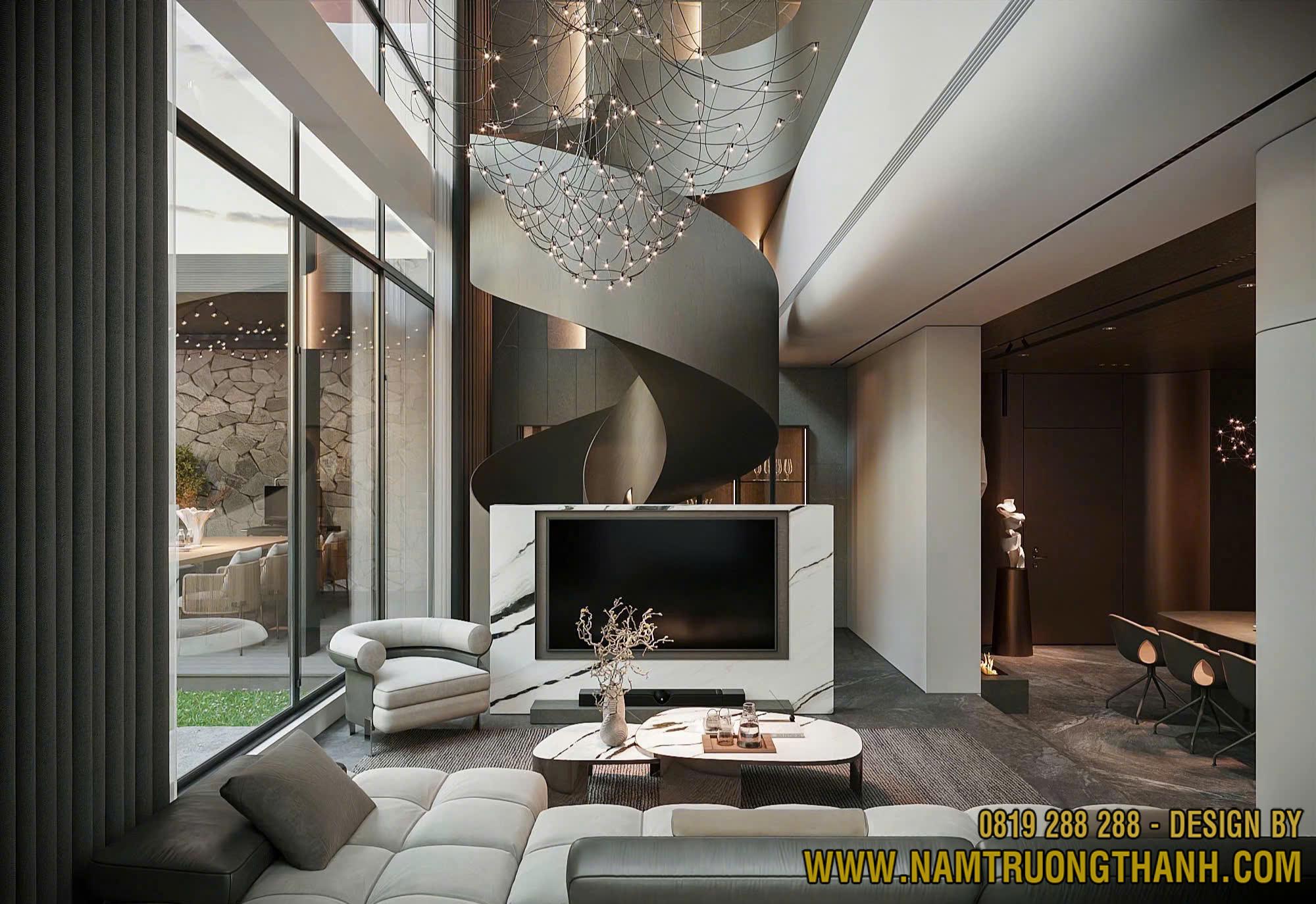 Không gian sinh hoạt chung trong biệt thự hiện đại phong cách tối giản