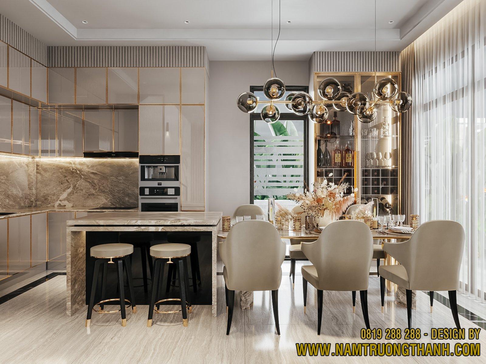 Không gian bếp và phòng ăn hiện đại với đảo bếp ốp đá, bàn ăn 6 ghế sang trọng, đèn thả trang trí tinh tế theo xu hướng thiết kế mới