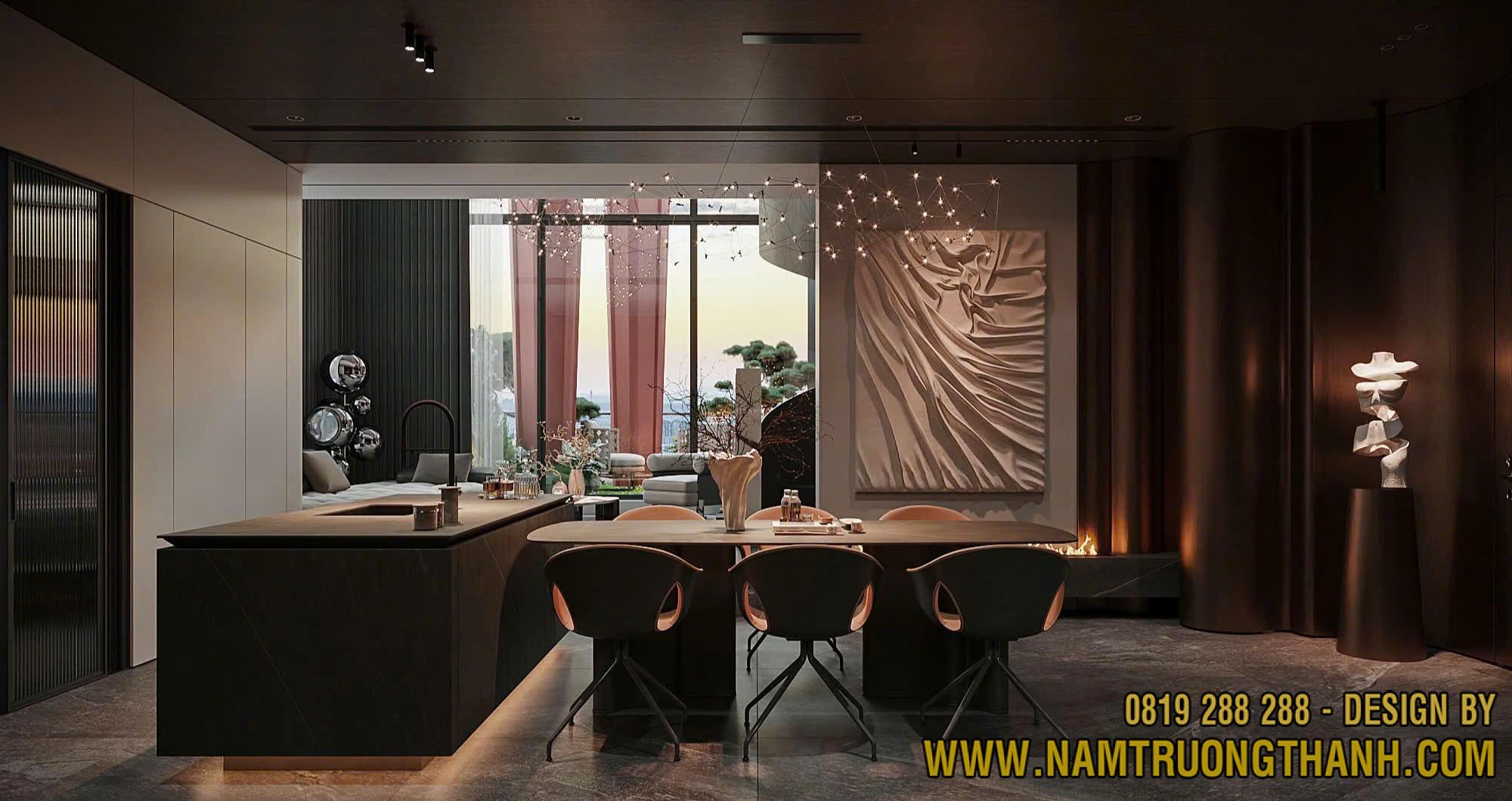Khu vực bàn ăn trong biệt thự hiện đại với ánh sáng ấm