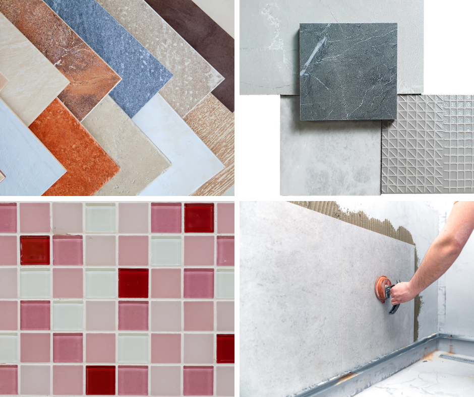 Hình ảnh các mẫu gạch ốp lát với nhiều màu sắc và họa tiết khác nhau.