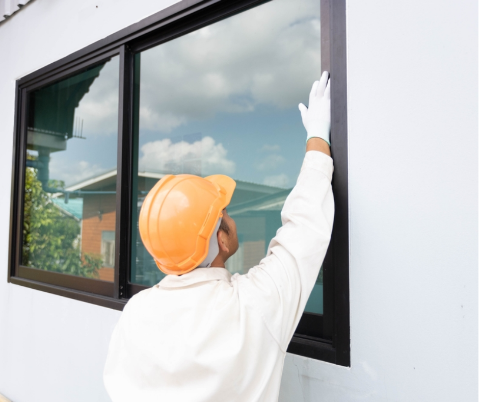 Kỹ thuật viên đang lắp đặt và căn chỉnh cửa kính nhôm trên công trình.