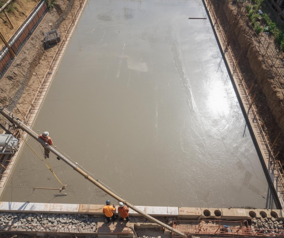 Công nhân đang đổ và hoàn thiện lớp bê tông nền mới.