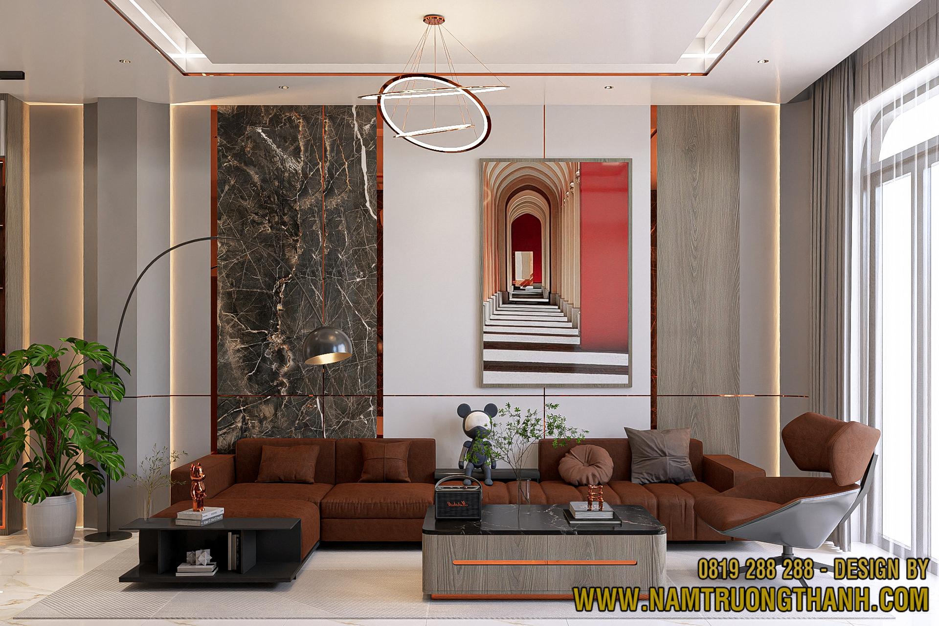 Phòng khách hiện đại với sofa lớn và ánh sáng tự nhiên