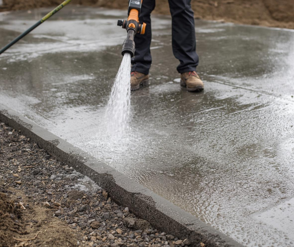 Công nhân tưới nước giữ ẩm cho bề mặt bê tông sau khi đổ.