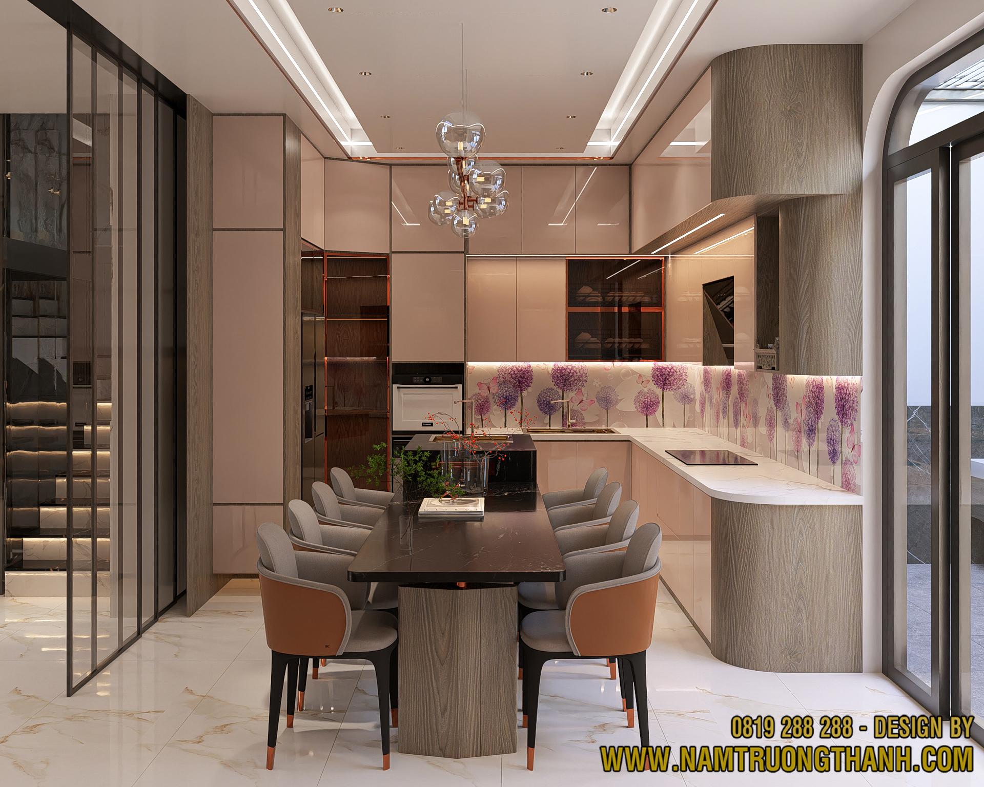 Không gian bếp hiện đại với tủ gỗ và đèn thả tinh tế