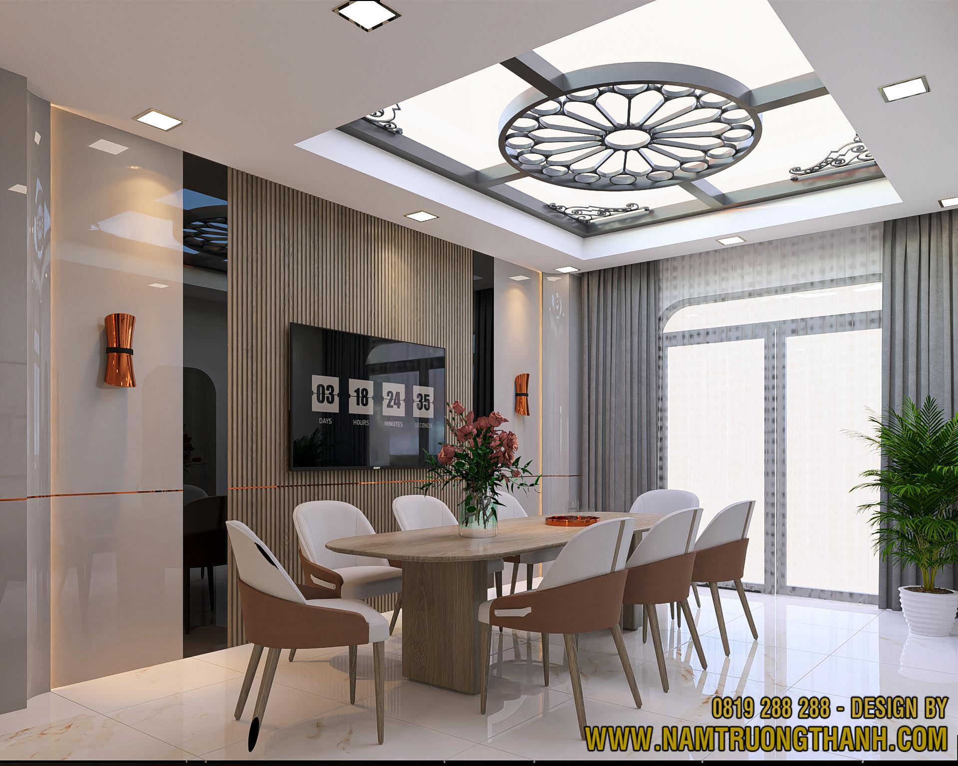 Không gian sinh hoạt chung với sofa dài và ánh sáng tự nhiên