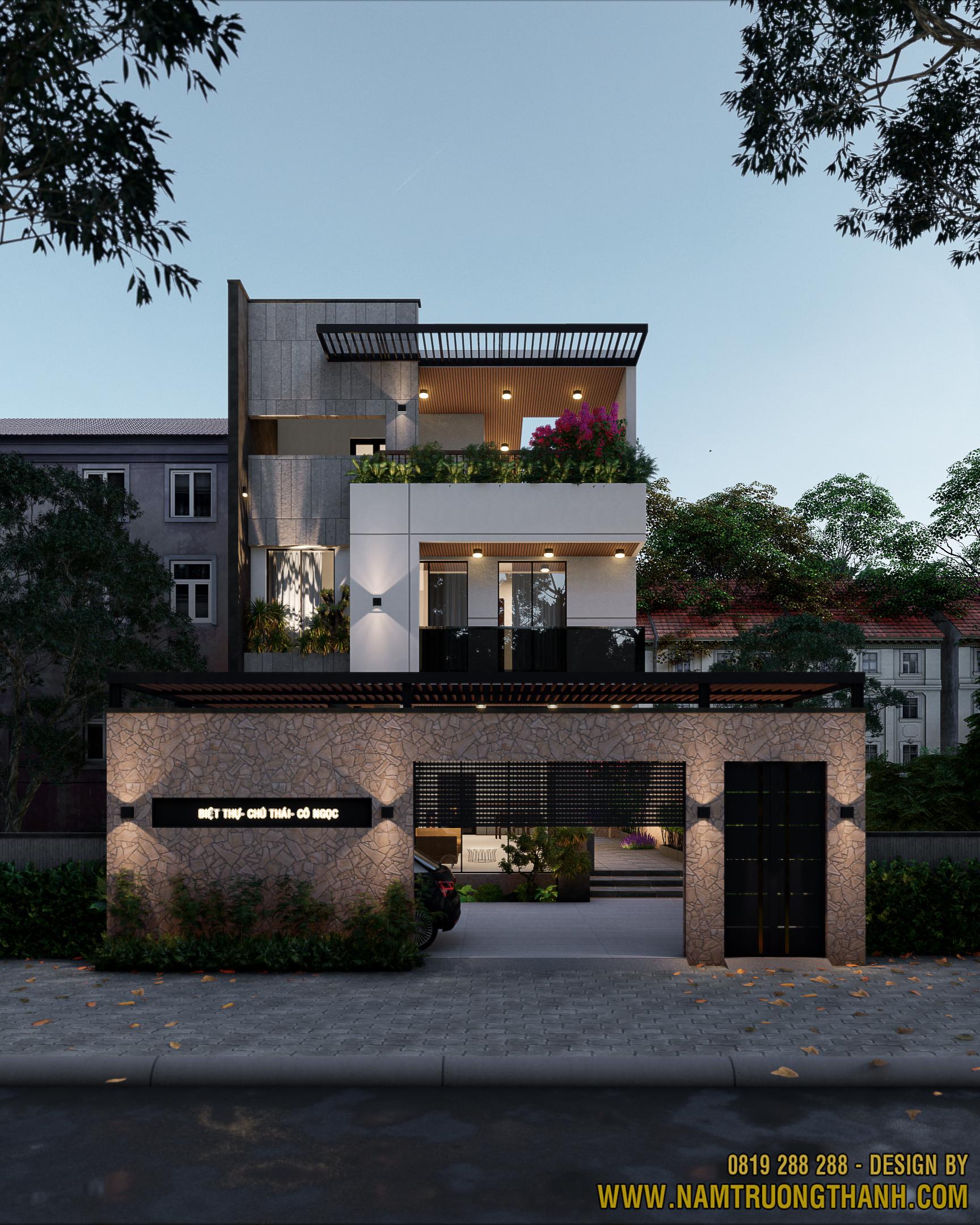 Biệt thự hiện đại về đêm với hệ đèn ngoại thất sang trọng