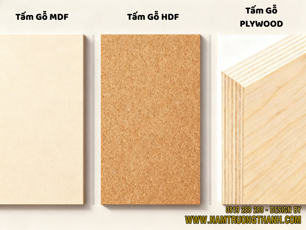 Bảng so sánh độ bền, chống ẩm và giá giữa MDF, HDF, Plywood.