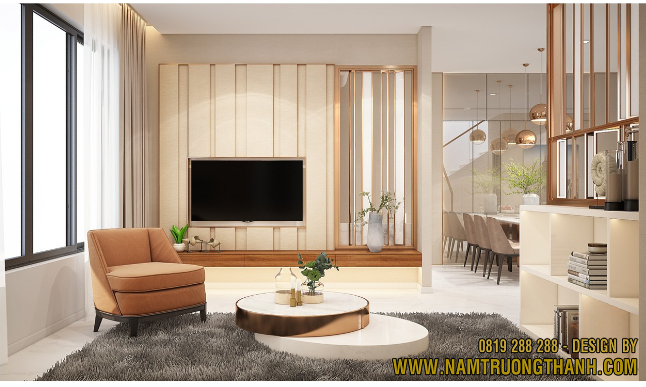 Thiết kế phòng khách hiện đại với bố trí nội thất tối ưu và màu sắc tinh tế.