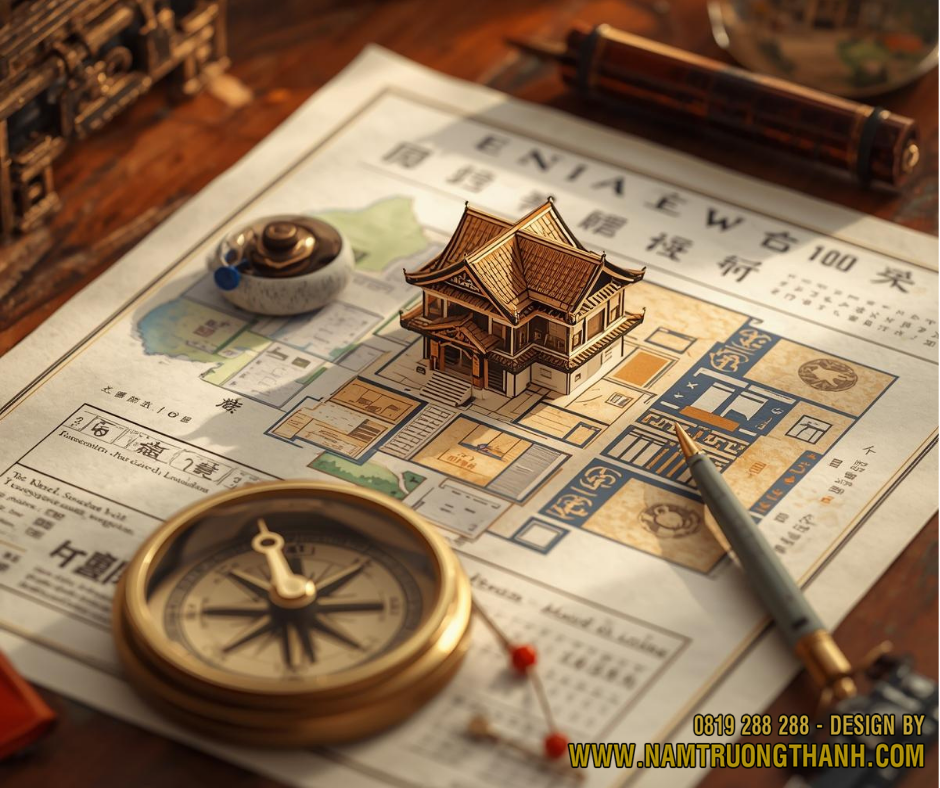 Bản vẽ nhà ở kết hợp la bàn phong thuỷ minh hoạ tổng quan phong thuỷ xây nhà năm 2026