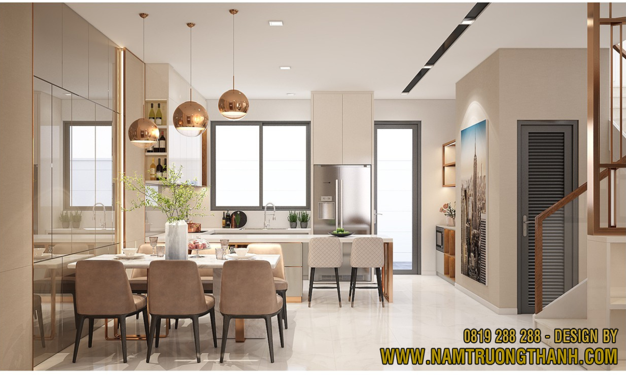 Bố trí nội thất bếp và phòng ăn hiện đại, tone màu sáng sang trọng – Nam Trường Thành., JSC