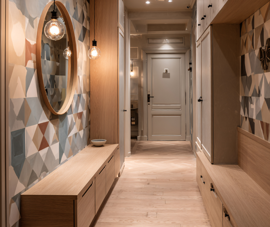 Hành lang nội thất gam màu đất với gỗ tự nhiên, ánh sáng ấm và họa tiết hiện đại.