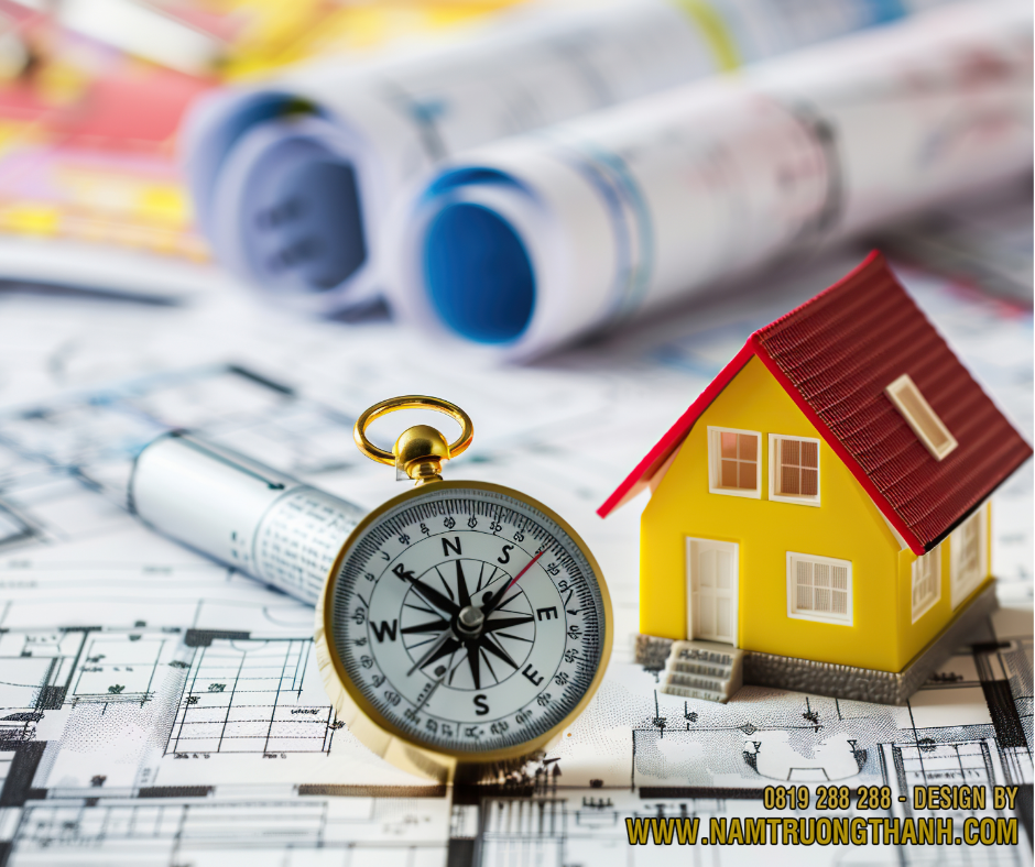 Mô hình ngôi nhà và la bàn phong thuỷ minh hoạ giải pháp mượn tuổi xây nhà năm 2026