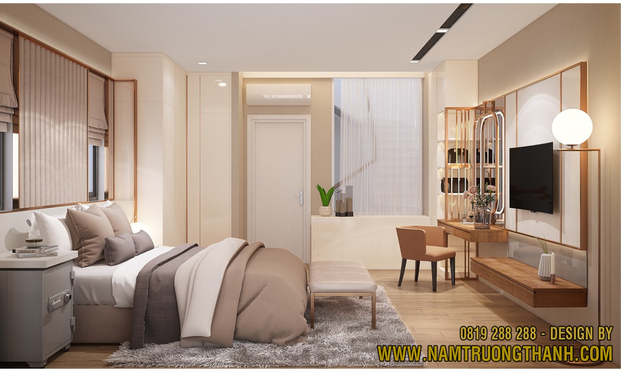 Bố trí nội thất phòng ngủ master hiện đại, tone màu be nâu ấm – Nam Trường Thành., JSC