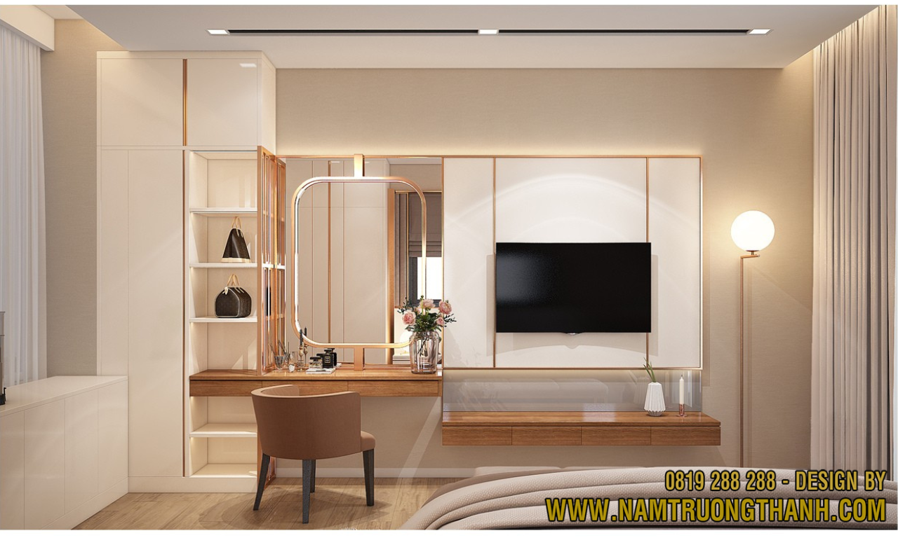 Bố trí nội thất bàn trang điểm kết hợp kệ tivi tinh gọn trong phòng ngủ master