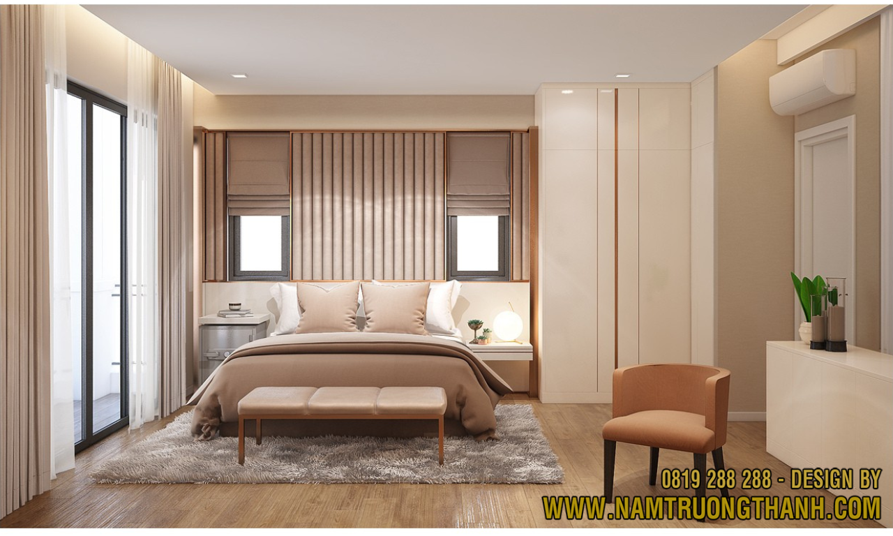 Thiết kế giường ngủ và tủ âm tường tối giản, hiện đại cho phòng ngủ master