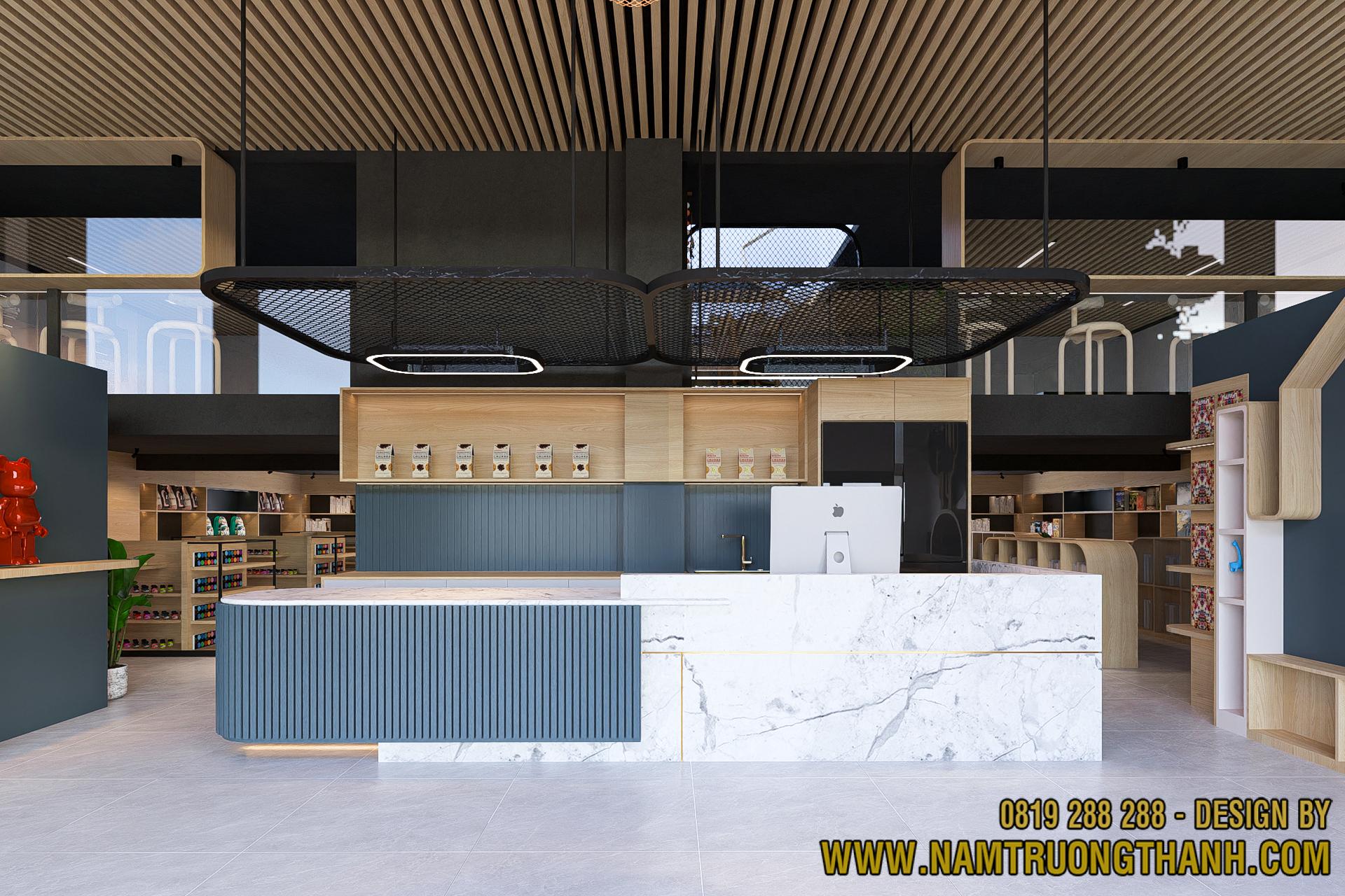 Thiết kế nội thất cửa hàng với khu sảnh trung tâm, quầy tiếp đón ốp đá marble, trần nan gỗ hiện đại
