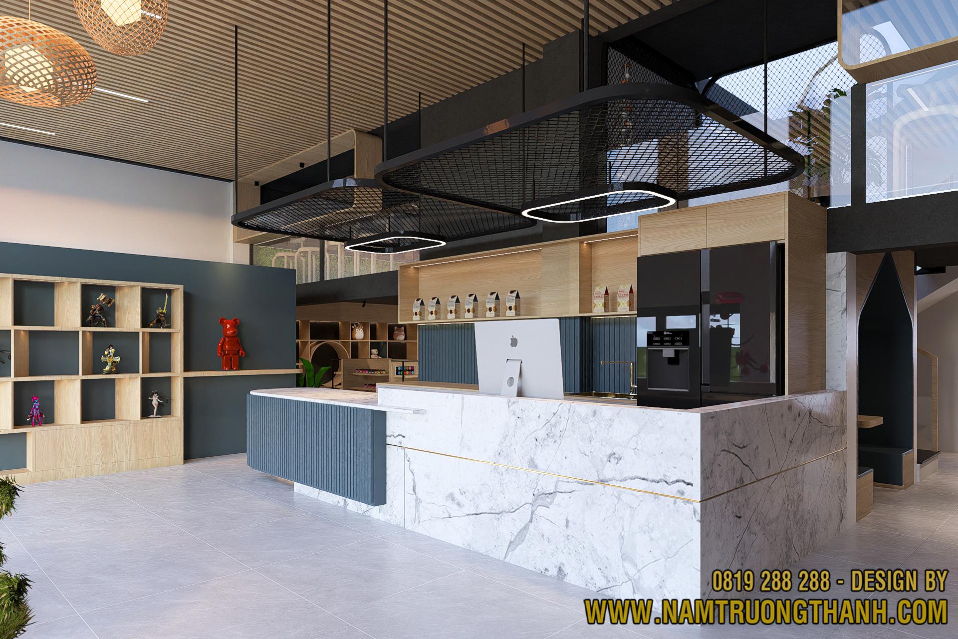 Thiết kế nội thất cửa hàng hiện đại với quầy trung tâm, kệ trưng bày gỗ và hệ chiếu sáng treo trang trí