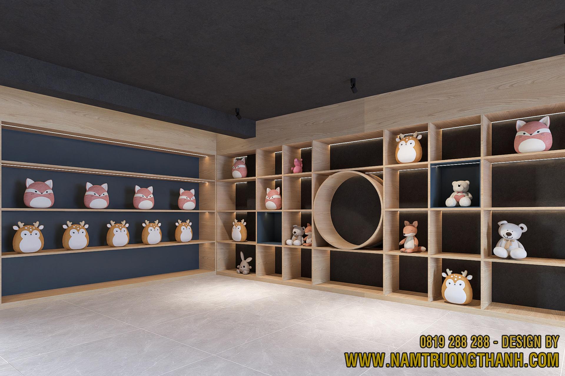 kệ trưng bày sản phẩm trung tâm trong thiết kế nội thất cửa hàng hiện đại