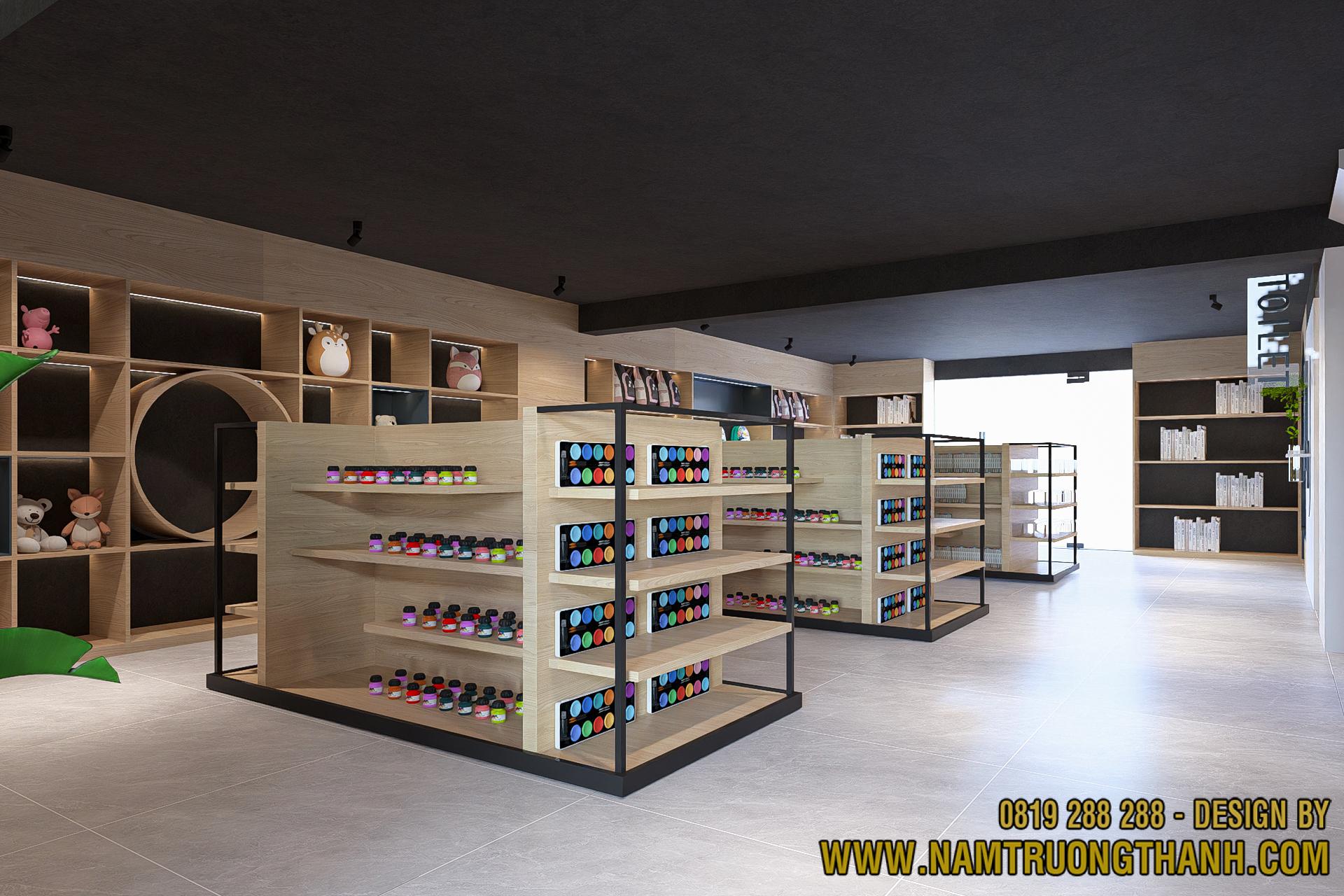 thiết kế nội thất cửa hàng với hệ kệ gỗ trưng bày sản phẩm giữa không gian