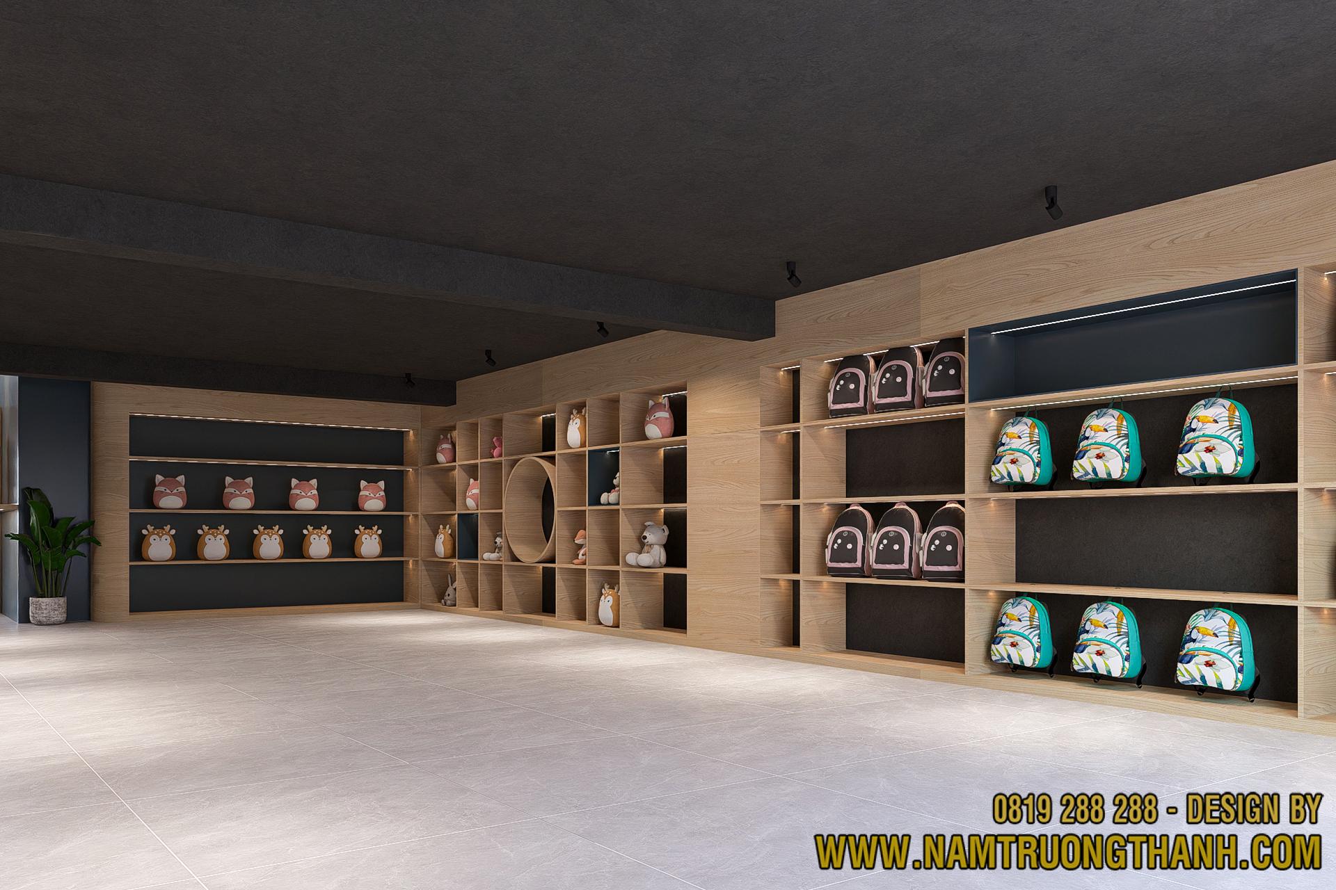 thiết kế kệ gỗ trưng bày balo và văn phòng phẩm trong cửa hàng