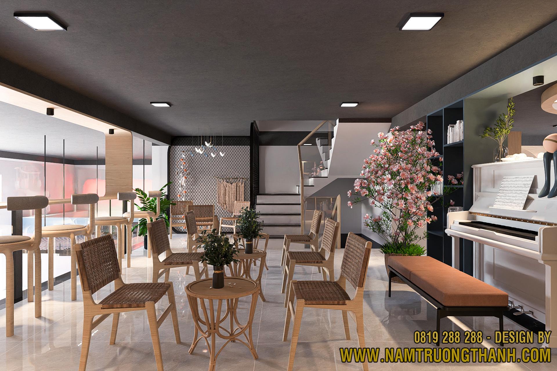 Khu ngồi đọc sách thư giãn với bàn ghế mây gỗ trong thiết kế nội thất hiện đại