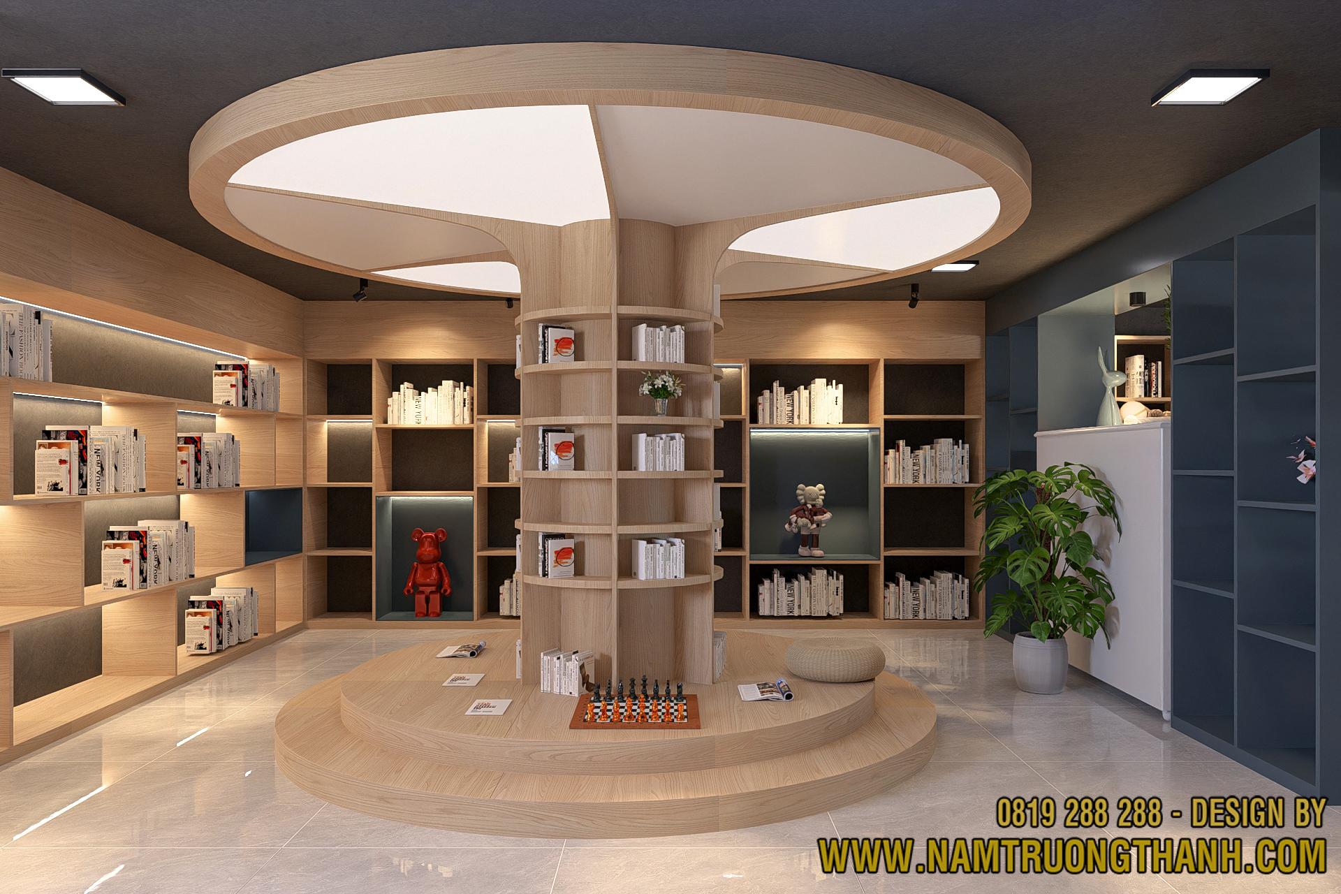 Thiết kế nội thất cửa hàng khu vực tầng lửng với kệ gỗ trưng bày sách và không gian sinh hoạt chung