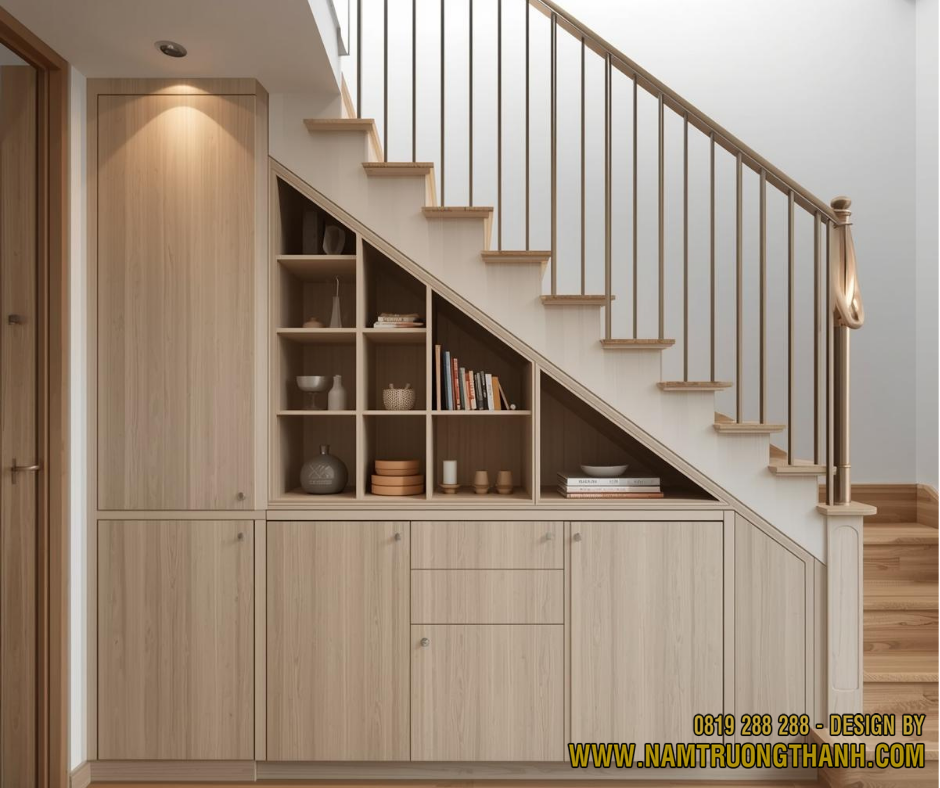 Hệ tủ lưu trữ thông minh và kệ trang trí được thiết kế gọn gàng dưới gầm cầu thang