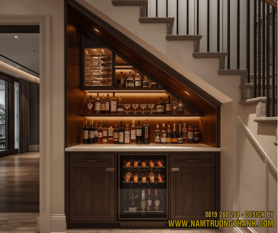 Tủ rượu và quầy bar mini đẳng cấp được bố trí gọn gàng dưới gầm cầu thang