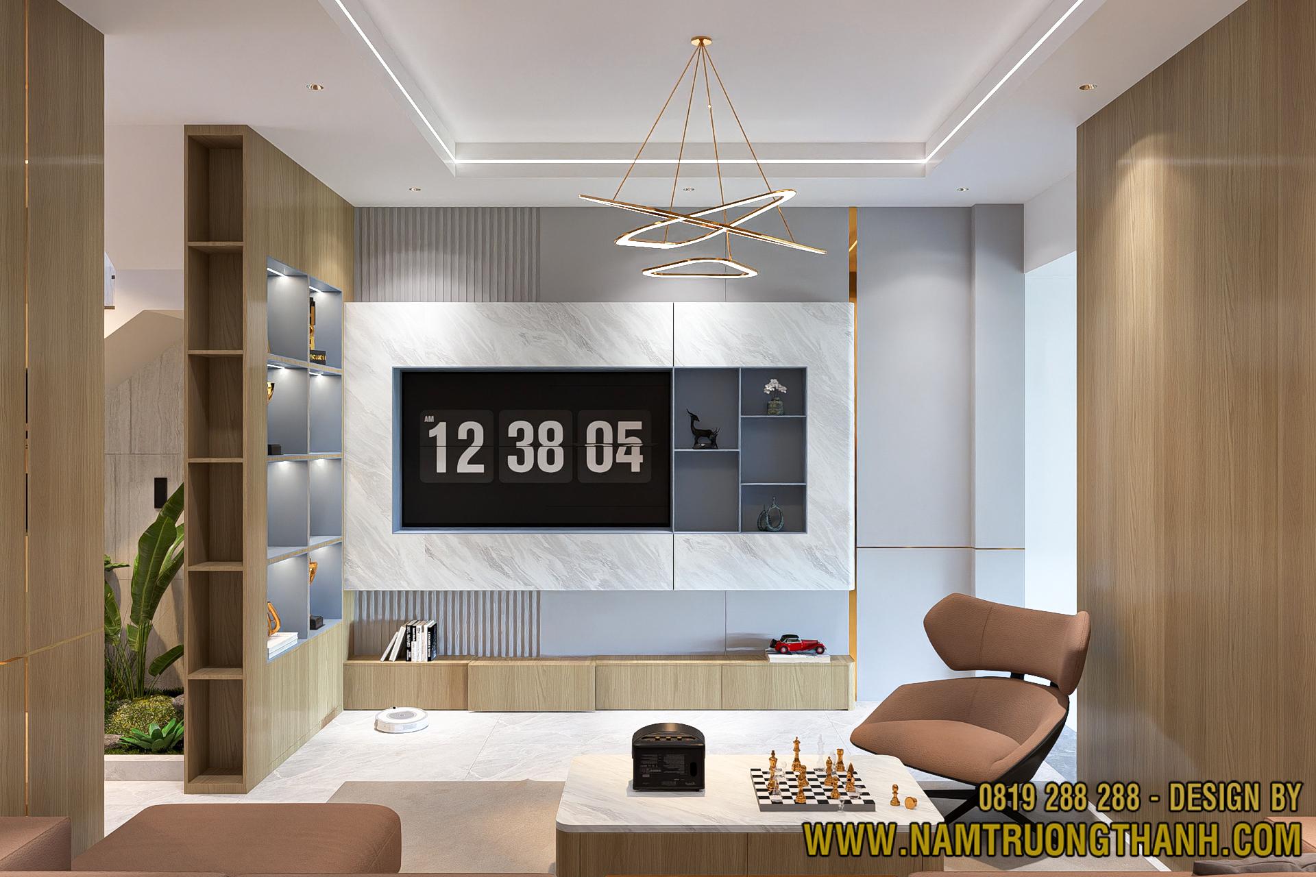 Vách tivi đá vân mây sang trọng trong nội thất nhà phố hiện đại.