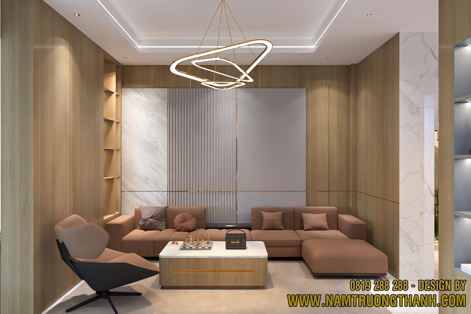 Sofa chữ L màu nâu trung tính trong thiết kế nội thất nhà phố hiện đại.