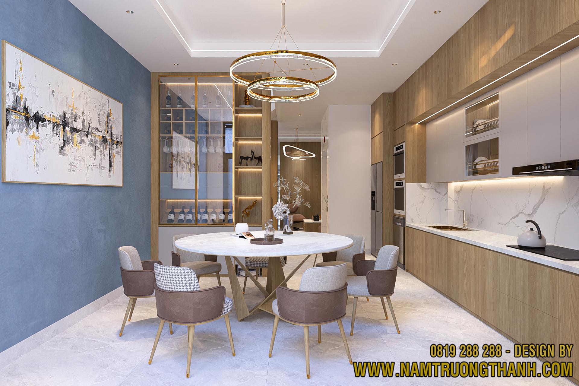 Tầm nhìn không gian mở từ phòng ăn ra phòng khách trong nội thất nhà phố hiện đại.