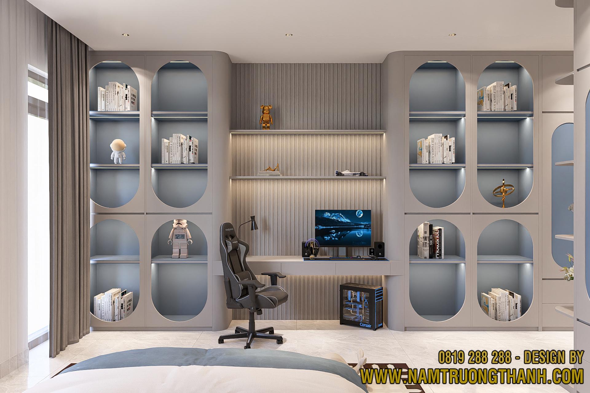 Góc học tập và hệ tủ vòm sáng tạo trong nội thất nhà phố hiện đại dành cho trẻ em.