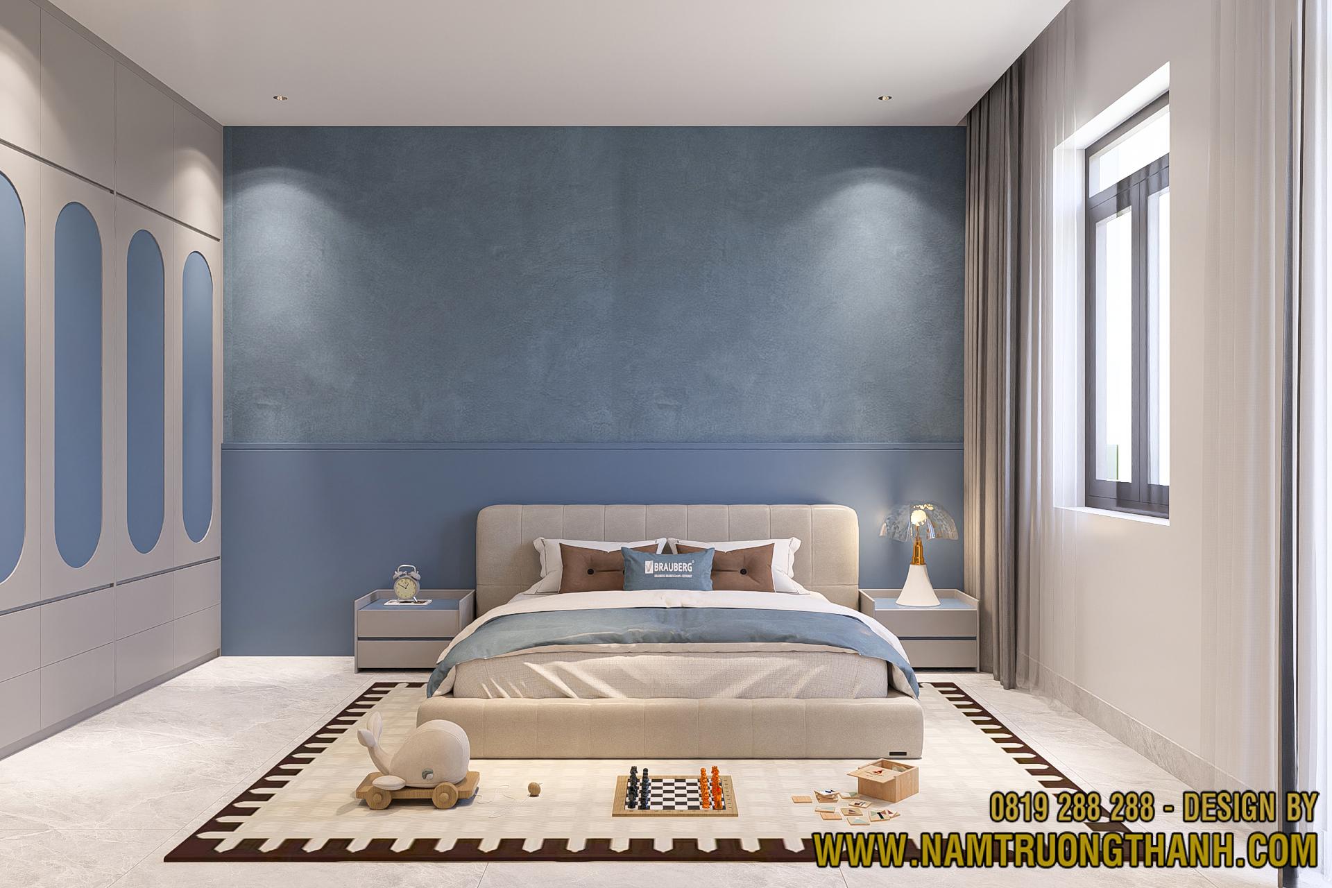 Giường ngủ bọc nệm an toàn trong phòng ngủ bé trai nội thất nhà phố hiện đại.