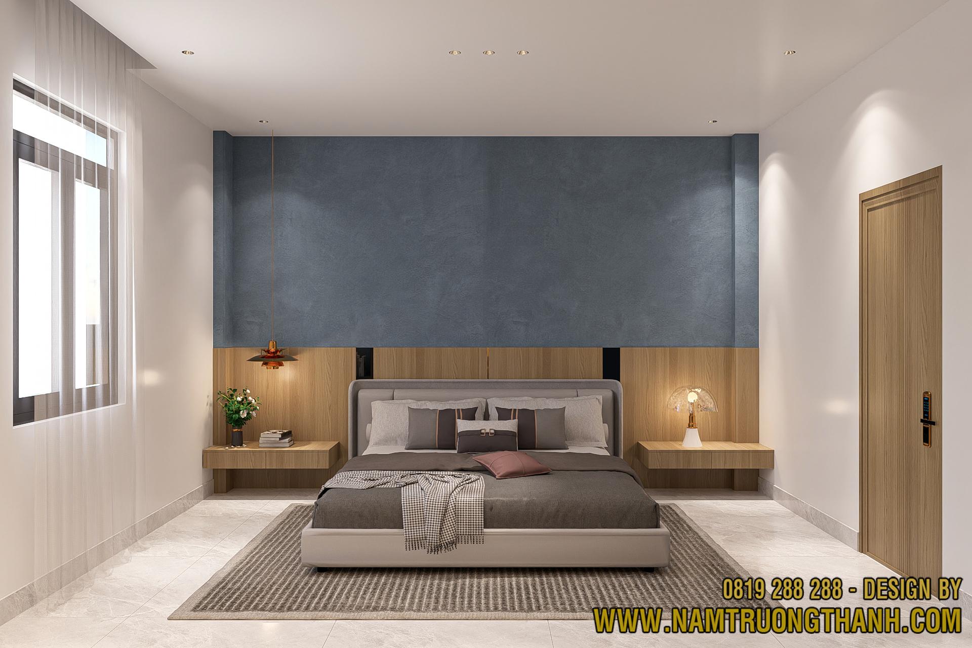 Phối màu xanh Denim và gỗ sáng trong nội thất nhà phố hiện đại.