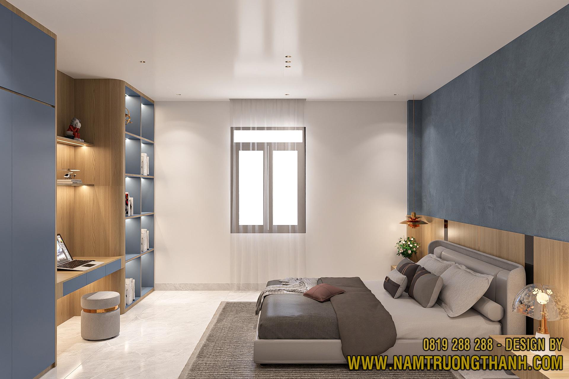 Hệ tủ quần áo kịch trần đa năng trong nội thất nhà phố hiện đại.