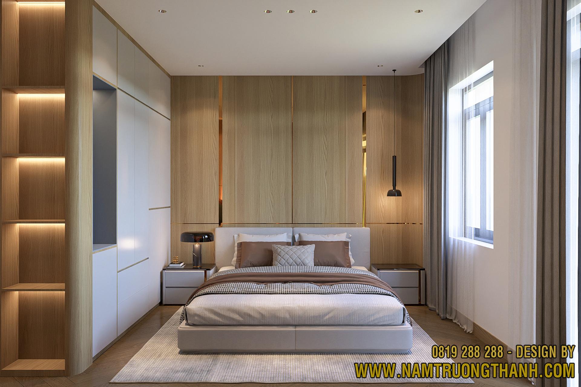 Vách đầu giường ốp gỗ vân sáng trong thiết kế nội thất nhà phố hiện đại.