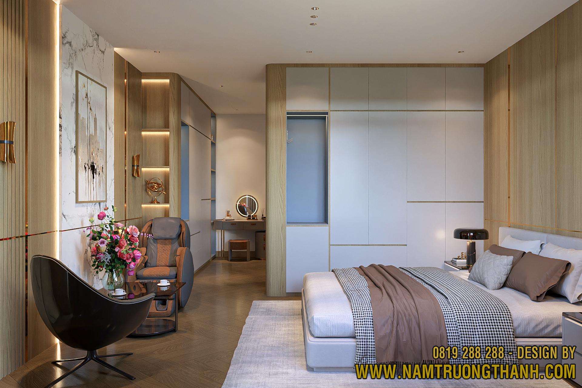 Góc thư giãn và hệ tủ áo âm tường kịch trần trong nội thất nhà phố hiện đại.