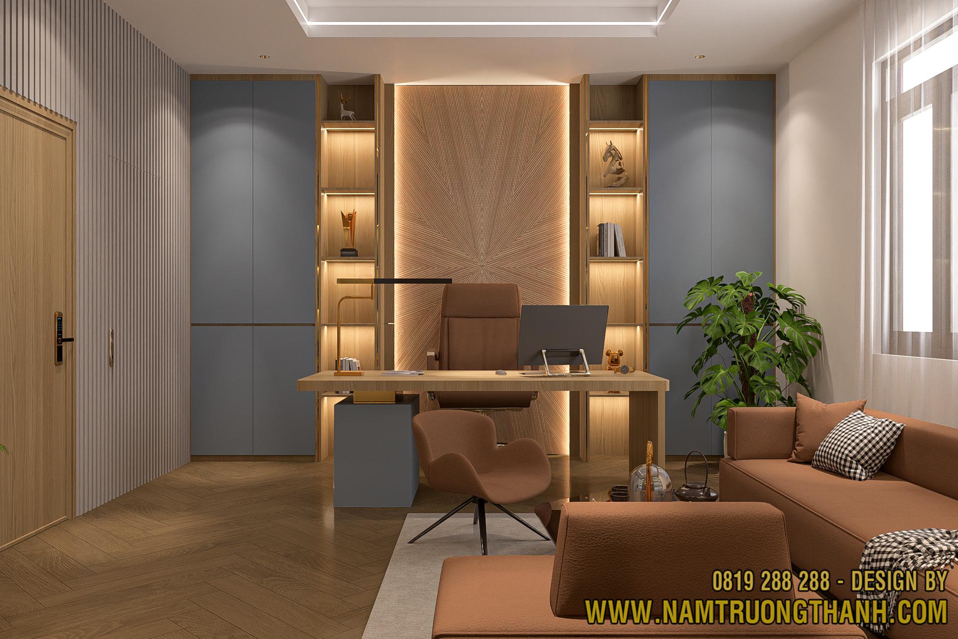 Thiết kế vách gỗ nghệ thuật trong phòng làm việc nội thất nhà phố hiện đại.