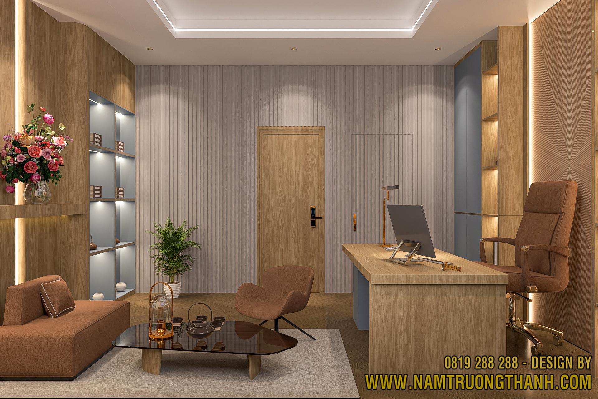 Góc tiếp khách sang trọng trong phòng làm việc nội thất nhà phố hiện đại.