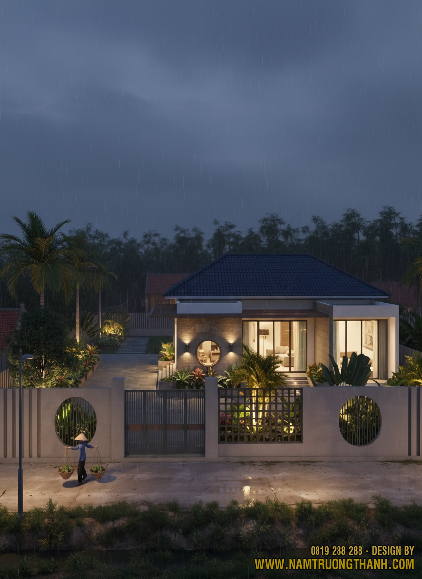 Thiết kế ánh sáng ngoại thất sang trọng cho mẫu nhà vườn mái Nhật về đêm Nam Trường Thành