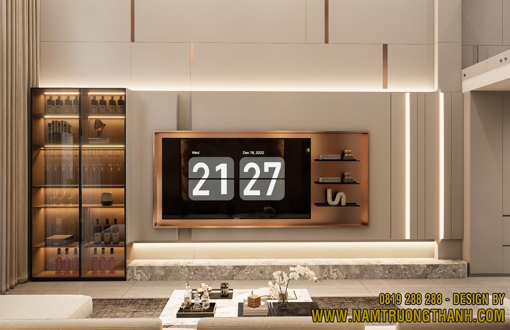 Hệ vách tivi kịch trần sang trọng cho nội thất nhà phố thông tầng