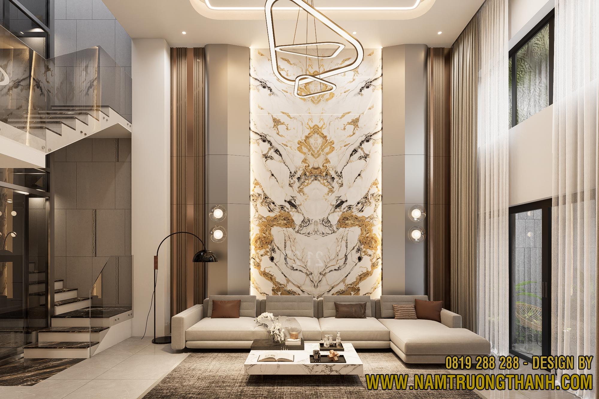 Vách đá tự nhiên đối vân Bookmatch trong nội thất nhà phố thông tầng