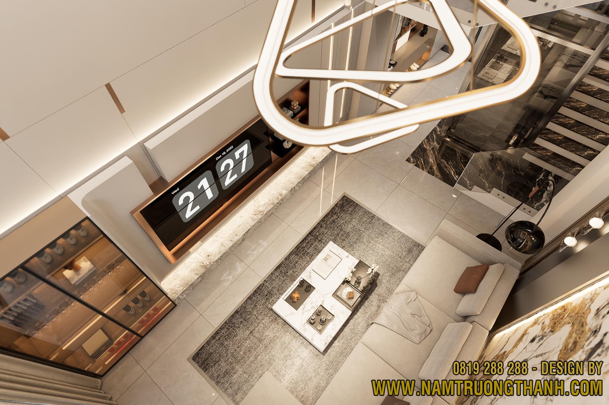 Tầm nhìn từ tầng lửng xuống không gian nội thất nhà phố thông tầng