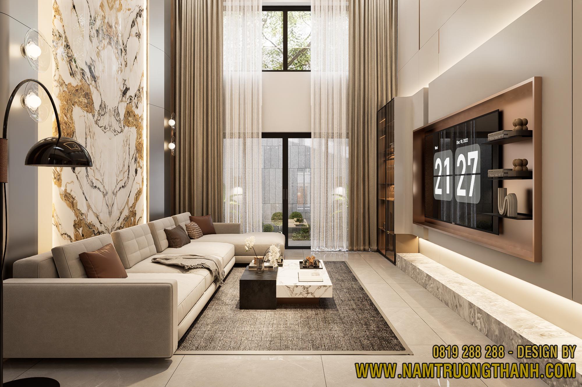 Bố trí sofa và đồ rời trong phòng khách nội thất nhà phố thông tầng