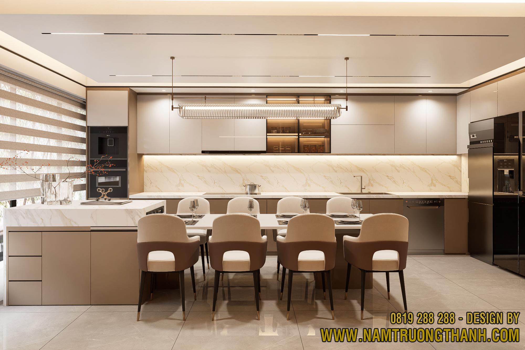 Hệ tủ bếp hiện đại và đảo bếp trong nội thất nhà phố thông tầng