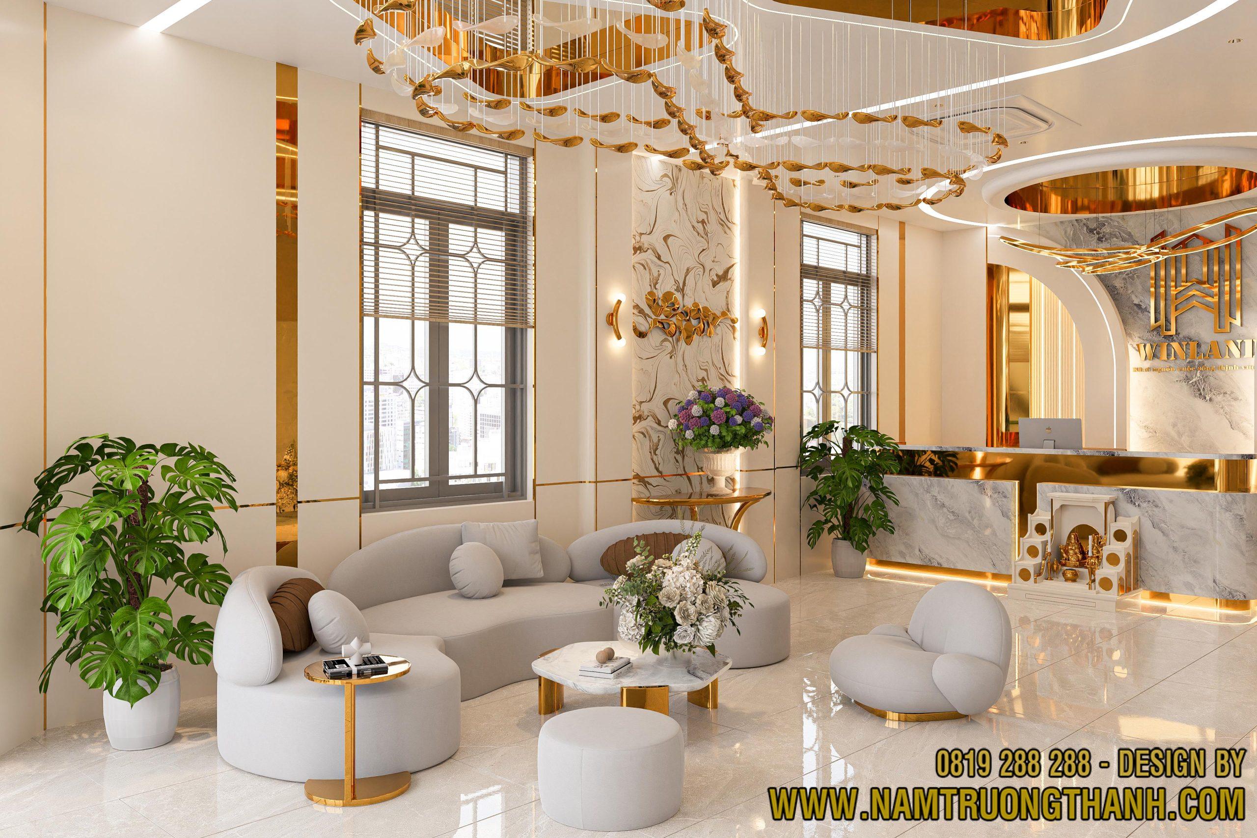 Thiết kế nội thất văn phòng hiện đại khu vực sảnh chờ sofa luxury dự án Winland do Nam Trường Thành thực hiện