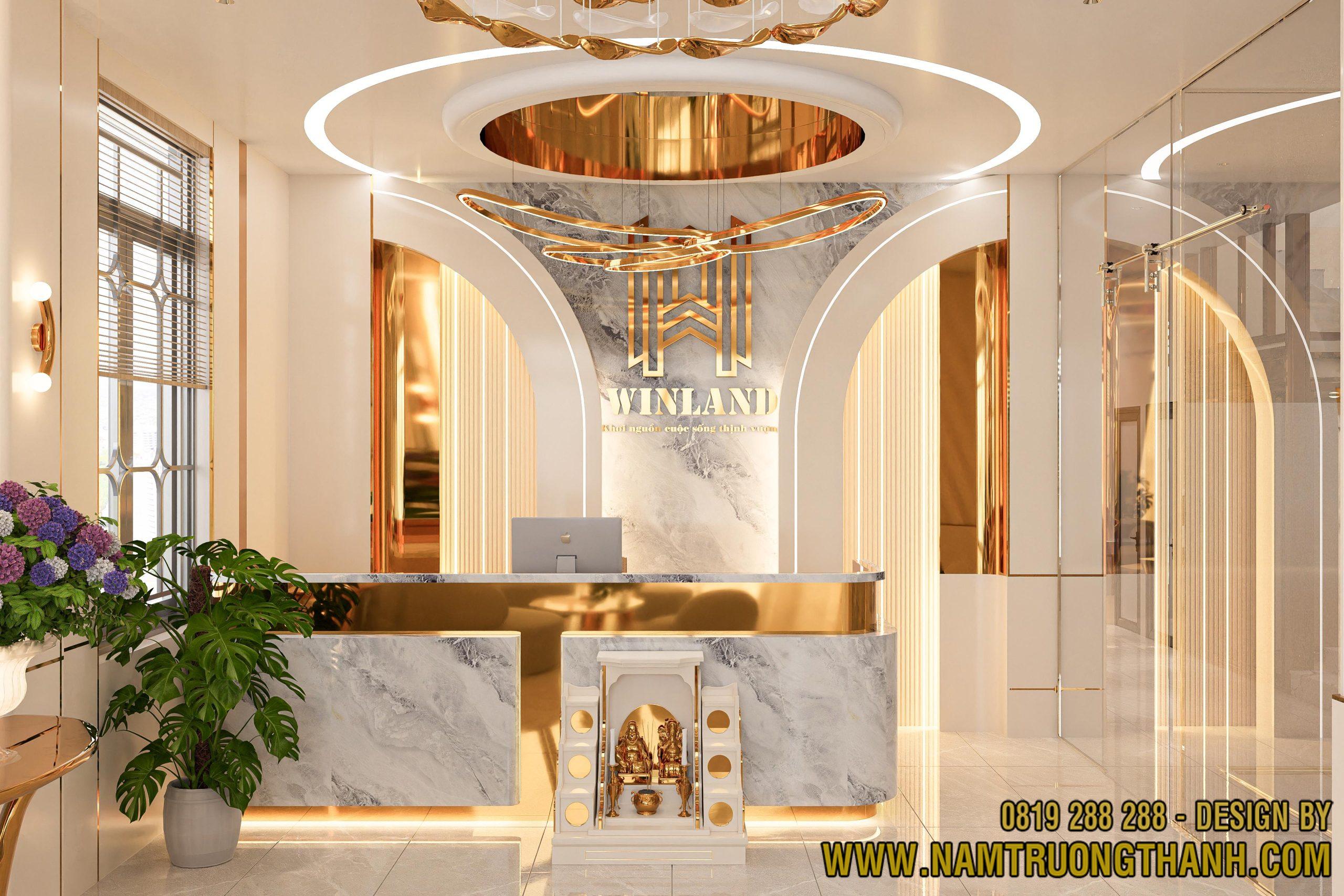 Thiết kế nội thất văn phòng hiện đại quầy lễ tân ốp đá marble vách logo inox mạ vàng dự án Winland